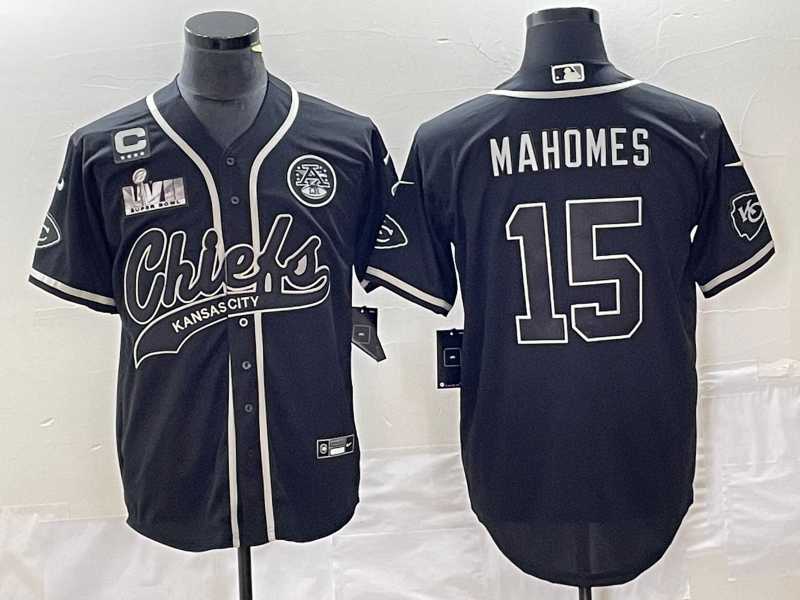 Mens Kansas City Chiefs #15 Patrick Mahomes Black C Patch Super Bowl LVII Cool Base Stitched Baseball Jersey